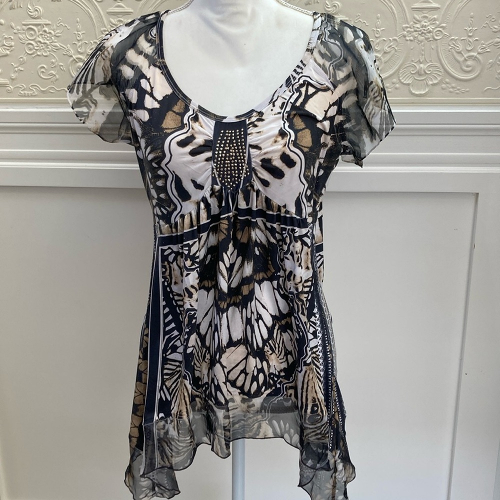 Live and Let Live Women's Blouse Black/Brown Butterfly Design Sz PL
